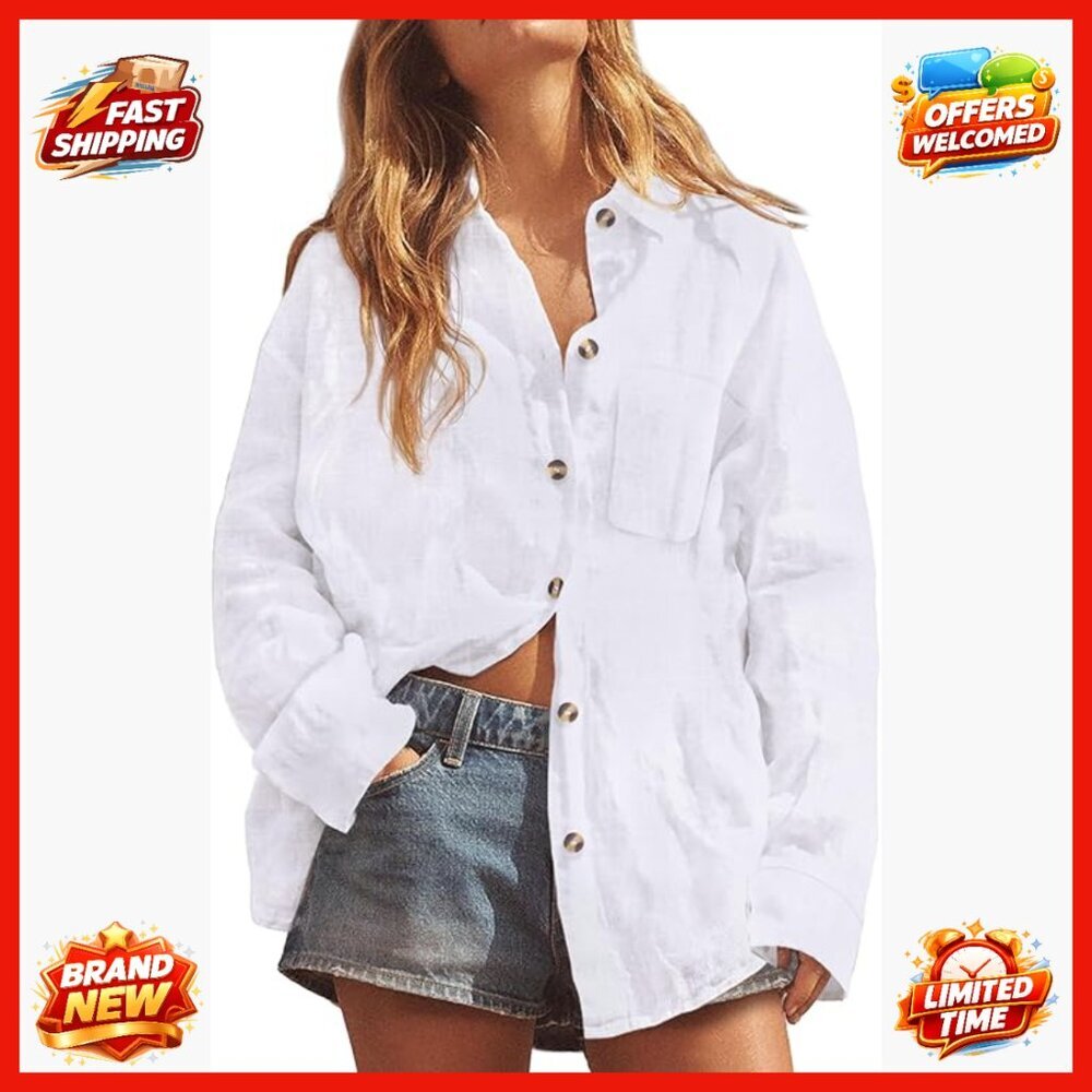 Linen Button Down Shirt V Neck Long Sleeve Collared Blouse Loose Fit Casual